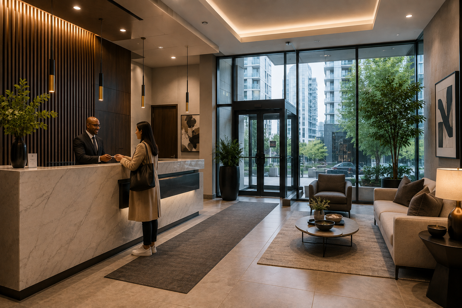 Modern condo lobby with concierge